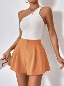 SHEIN Essnce Solid Color Pleated Pocket Shorts, Elegant & Fashionable For Summer,High Waisted Shorts - Orange - View 5