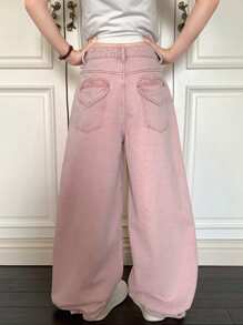 Livesso Women's Summer Washed Casual Loose Wide Leg Jeans - Baby Pink - View 4