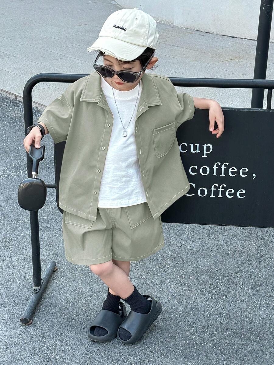 Young Boys Summer Casual Street Japanese And Korean Loose Fit Black Shirt With Workwear Shorts 2 Pieces Set,Back To School Kids Fashion Outfit - Mint Green - View 1
