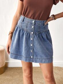 EMERY ROSE Women's Plain Front Button Casual Versatile Denim Mini Skirt