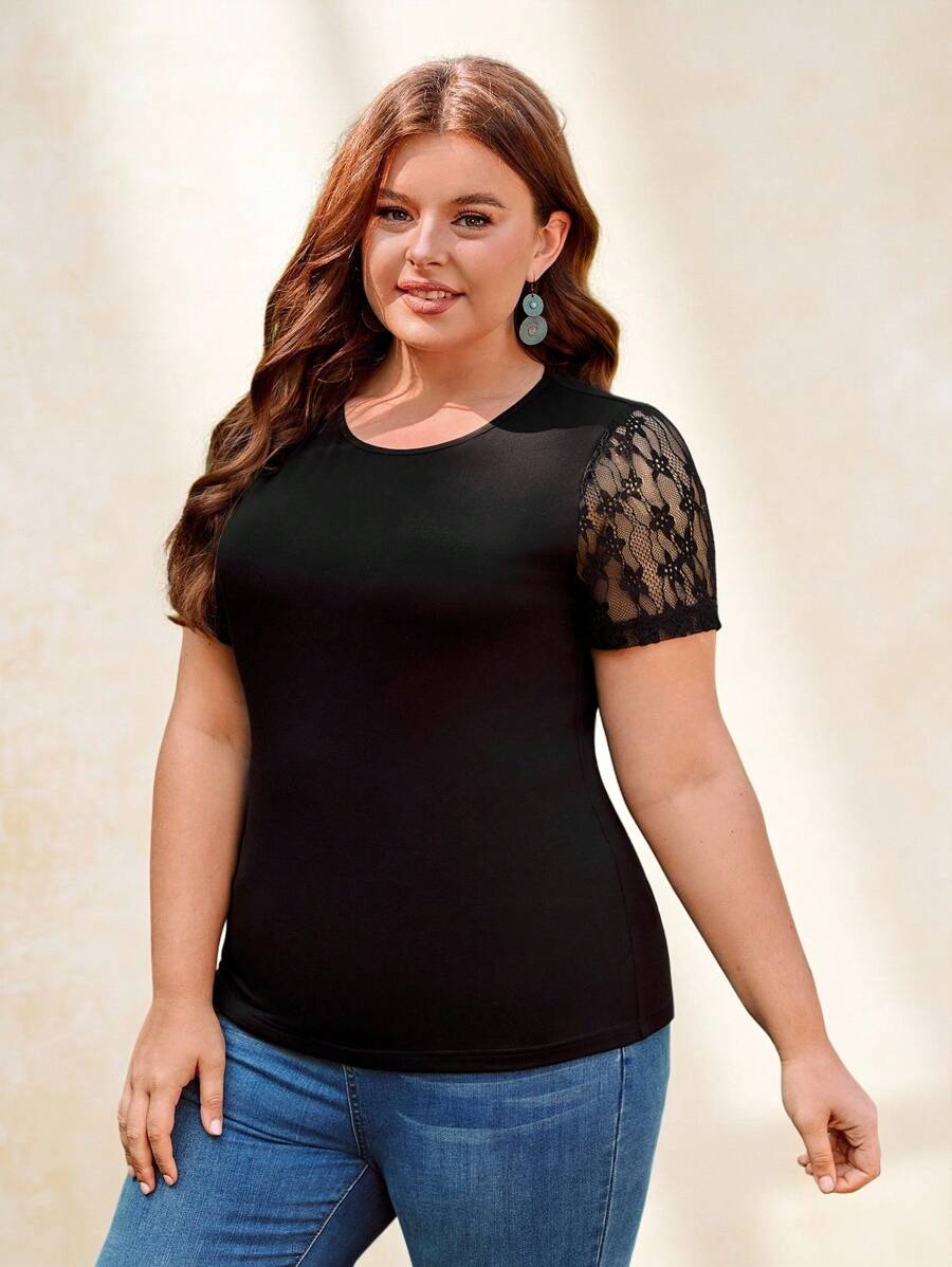 Chikora Plus Contrast Lace Tee - Black - View 1