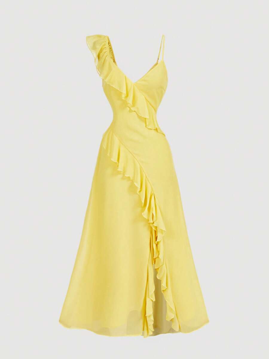 SHEIN MOD 黄色荷叶边高开叉不对称修身雪纺连衣裙 - 黃色 - 查看 1