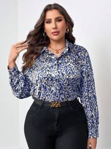 Chikora Plus Allover Print Button Front Shirt - Blue - View 3