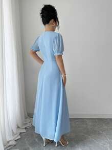 Elenzga Váy dài chữ A thắt eo ren cổ chữ V cho nữ, phong cách thanh lịch, mùa xuân/hè - Màu xanh lam - Xem 2