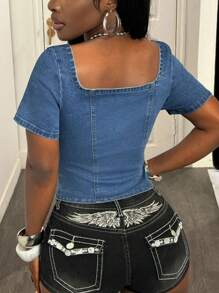 Slaydiva Women Denim Short Sleeve Top, Casual Blue Color Women Summer Shirts Women Summer Blouses Women Shirt Women Spring Tops Crop Top Going Out Tops Y2k Tops Summer Top Tie Front Top Work Tops 4th Of July Women - Medium Wash - View 4