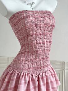 Breezaya Holiday Styled Pleated Sleeveless Shirred Waist Flared Hem Plaid Mini Dress For Women