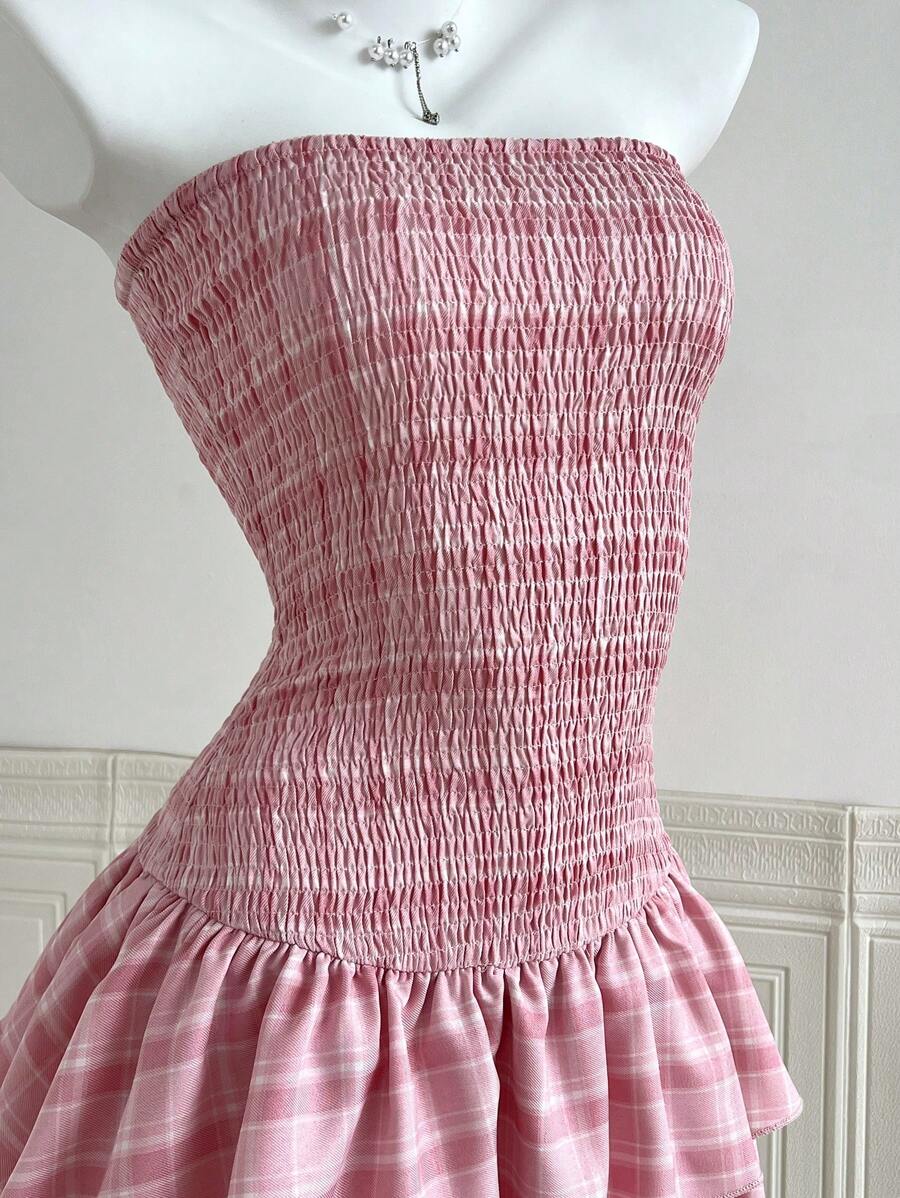 Breezaya Holiday Styled Pleated Sleeveless Shirred Waist Flared Hem Plaid Mini Dress For Women