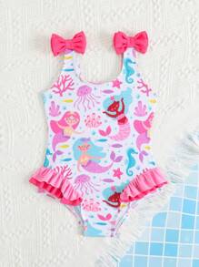 Baby Girls Mermaid Print Knit Fabric Swimsuit, Shoulder Double Bow Decor, Ruffled Leg, One-Piece Swimwear, Fashion And Elegant, Suitable For Swimming, Vacation, Summer Baby Girls Clothing Swimsuits Swimsuit Set For Baby Girl Baby Girl Swimwear Baby Girl Clothes Beach Swimsuit For Baby Girls - Multicolor - View 3