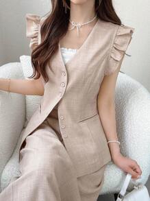 FRIFUL Women 2pcs Set Plain Sleeved Ruffle Trim Pocket Skirt Flounced Hem Straight Casual Business Outfit - Khaki - View 1
