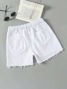 SHEIN Pantalones cortos casuales de mezclilla lavada con dobladillo deshilachado para niñas preadolescentes