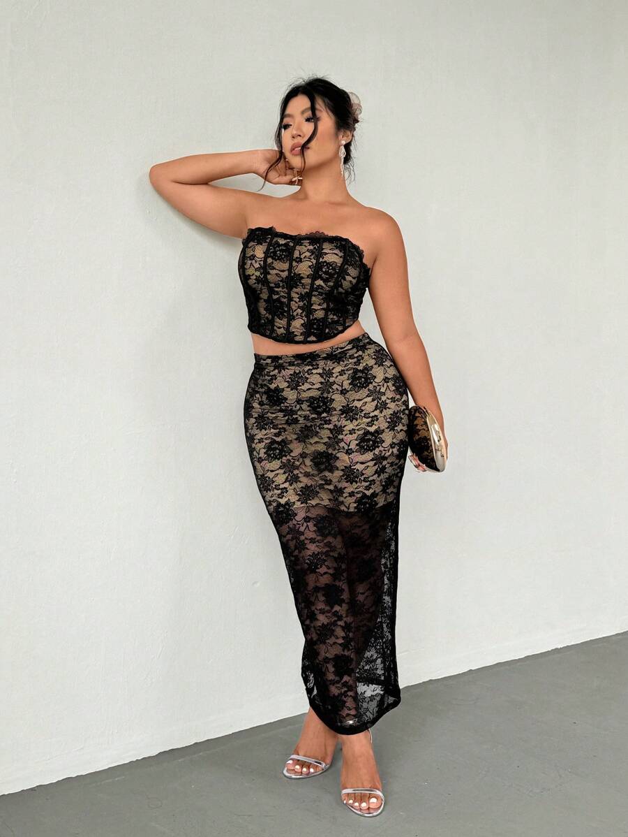 Firerie Plus Size Casual Elegant Vacation Beach Romantic Elastic Lace Patchwork Contrast Color Lining Tube Top And Skirt Set, Spring/Summer