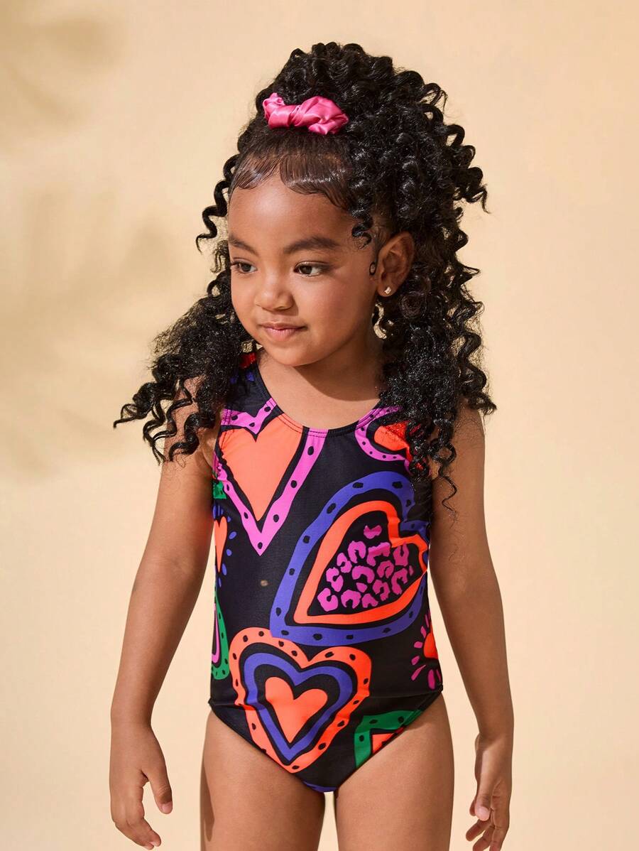 SHEIN Young Girl Heart Pattern One-Piece Knitted Swimsuit - Black - View 1