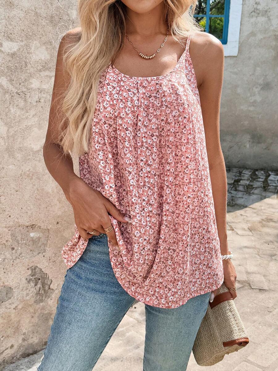 SHEIN Clasi 女士新款时尚优雅夏季粉色碎花吊带背心，适合分层穿着或单独穿着，适合多种场合