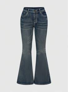 ROMWE Goth Jeans acampanados de mujer de talla grande en estilo retro punk del 2000, con parches de camuflaje y tachuelas - Azul Marino - Ver 2
