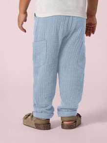 SUMWON Kids Pull On Pants Muslin Cotton Textured Cargo Style Wear Casual Everyday Comfort Drawstring Elastic Waist - Dusty Blue - View 4