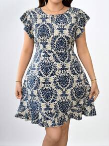 SHEIN Clasi 大码优雅复古印花盖袖连衣裙 - 彩色 - 查看 4