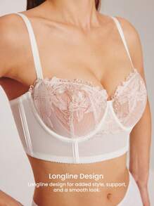 LUVLETTE 女人刺绣优雅内衣透气半罩杯文胸钢圈性感无衬里网眼蕾丝白色紧身胸衣缩小长线文胸新娘内衣 - 白色 - 查看 6