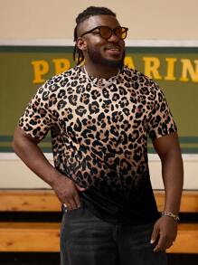 EASEVO Plus Size Men's Loose Knit Leopard Gradient Print Round Neck Short Sleeve T-Shirt - Black - View 1