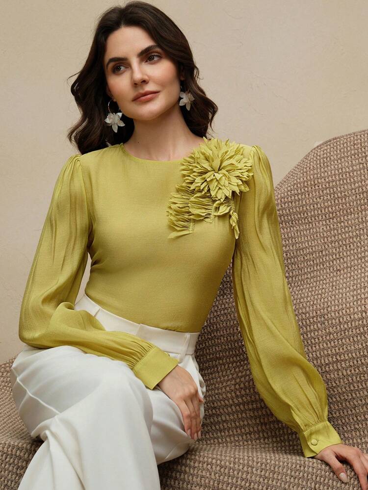 Women 3D Flower Decor Crew Neck Long Sleeve Top For Summer Matcha
