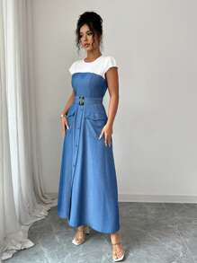 Rafferiza 优雅通勤口袋装饰扣领盖袖腰带合身蓝白连衣裙 - 藍色 - 查看 5