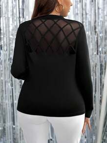 SHEIN Clasi Plus Rhinestone Argyle Pattern Mock Neck Tee - Black - View 2