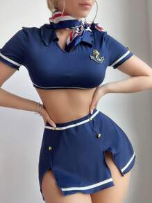 SHEIN 3pcs Women's Lingerie Set (Wireless Bra, G-String, Mini Skirt) - Navy Blue - View 1