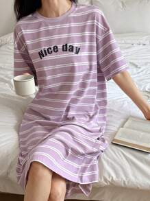 DAZY 女士字母印花条纹宽松T恤连衣裙家居服，Moo Moo 睡衣 - 紫色 - 查看 3