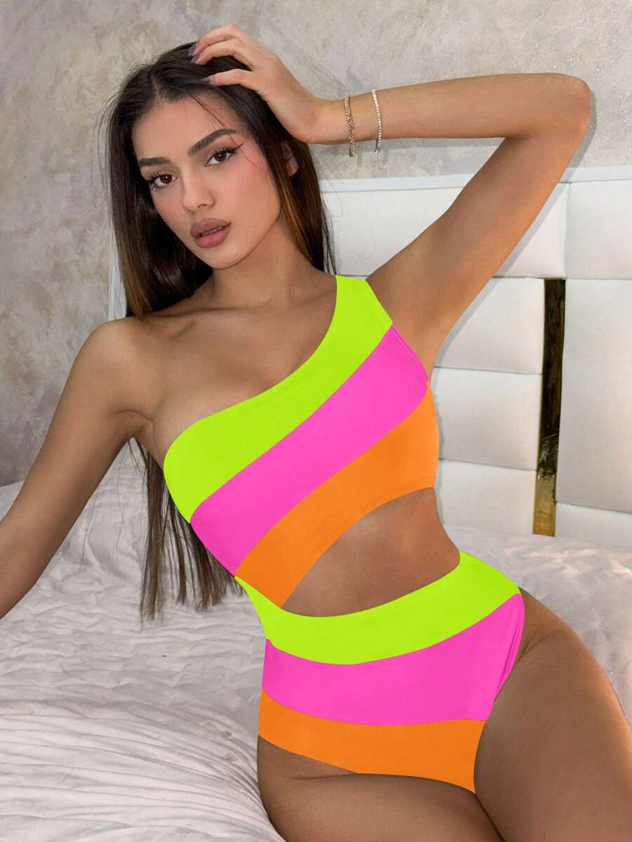 SHEIN Swim 女士条纹连体镂空腰部泳衣，度假风格