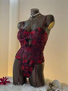 Aloruh Lingerie sexy et chic en dentelle violet foncé ajustée et dos nu en une pièce pour femmes - Prune - Voir 5