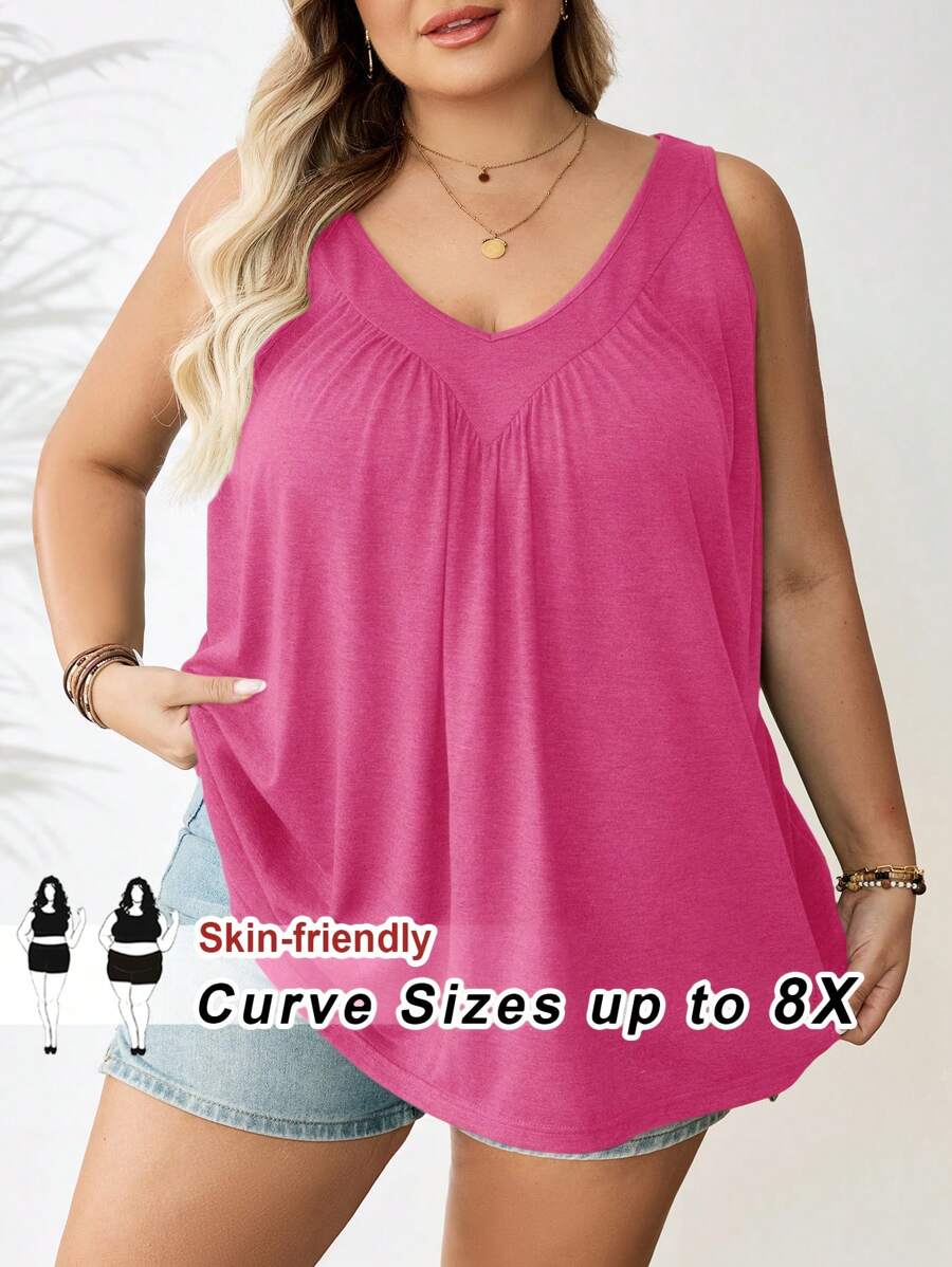 SHEIN CURVE+ Áo ba lỗ rộng màu trơn thường ngày cỡ lớnTrang phục nghỉ mát mùa hè/đồng quê/bãi biển/Trang phục bãi biển/Đồ mặc bãi biển - Màu Hồng Tươi - Xem 1