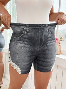 SHEIN Clasi Pantalones cortos de ciclista informales de talla grande para mujer con estampado de encaje falso de mezclilla, para verano
