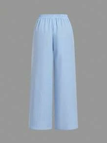 SHEIN EZwear 2件套夏季粉彩色条纹宽松休闲裤，女士夏季套装，阔腿裤，抽绳腰阔腿裤，条纹阔腿裤，夏季套装，女士裤子，夏季裤装，女士轻薄裤，女士轻薄夏季裤，女士裤子 - 彩色 - 查看 8
