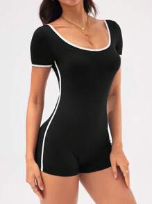 Easithlete Women's Crew Neck Contrast Color Criss-Cross Open Back Casual Jumpsuit