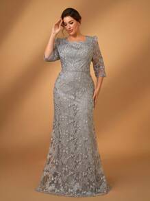 Serin Plus Size Elegant Romantic Heavy-Embellished Navy Blue Beaded Rhinestone Mid-Sleeve Lace Fabric Mermaid-Style Formal Gown, Suitable For Prom, Banquet, Mother Of The Bride Dress