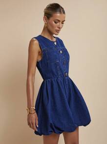 COSMINA Women's Sleeveless Woven Denim Bubble Dress Short Blue Jean Dress With Unique Balloon Silhouette