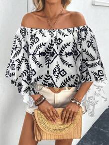 Breezaya Áo cánh rộng trễ vai in họa tiết toàn thân phong cách nghỉ mát mùa hè cho nữ - Nhiều màu - Xem 4