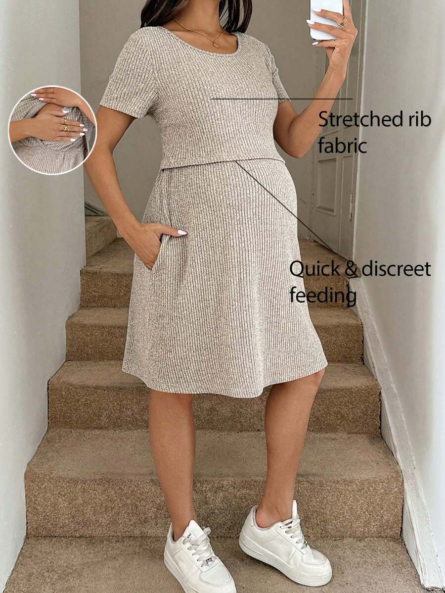 SHEIN Maternity Solid Color Round Neck Short Sleeve Pocketed Dress Tea Party Casual Dress Vacation Outfits