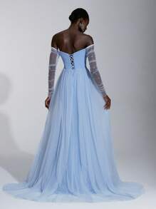 Elitara Elegant Luxurious Bubble Bead Detachable Tulle Long Sleeve Jacket & Ruched Mermaid Maxi Skirt With Ruffled Train, Suitable For Weddings, Singles Parties, Vacations, Balls, Bridal Gowns - Baby Blue - View 2