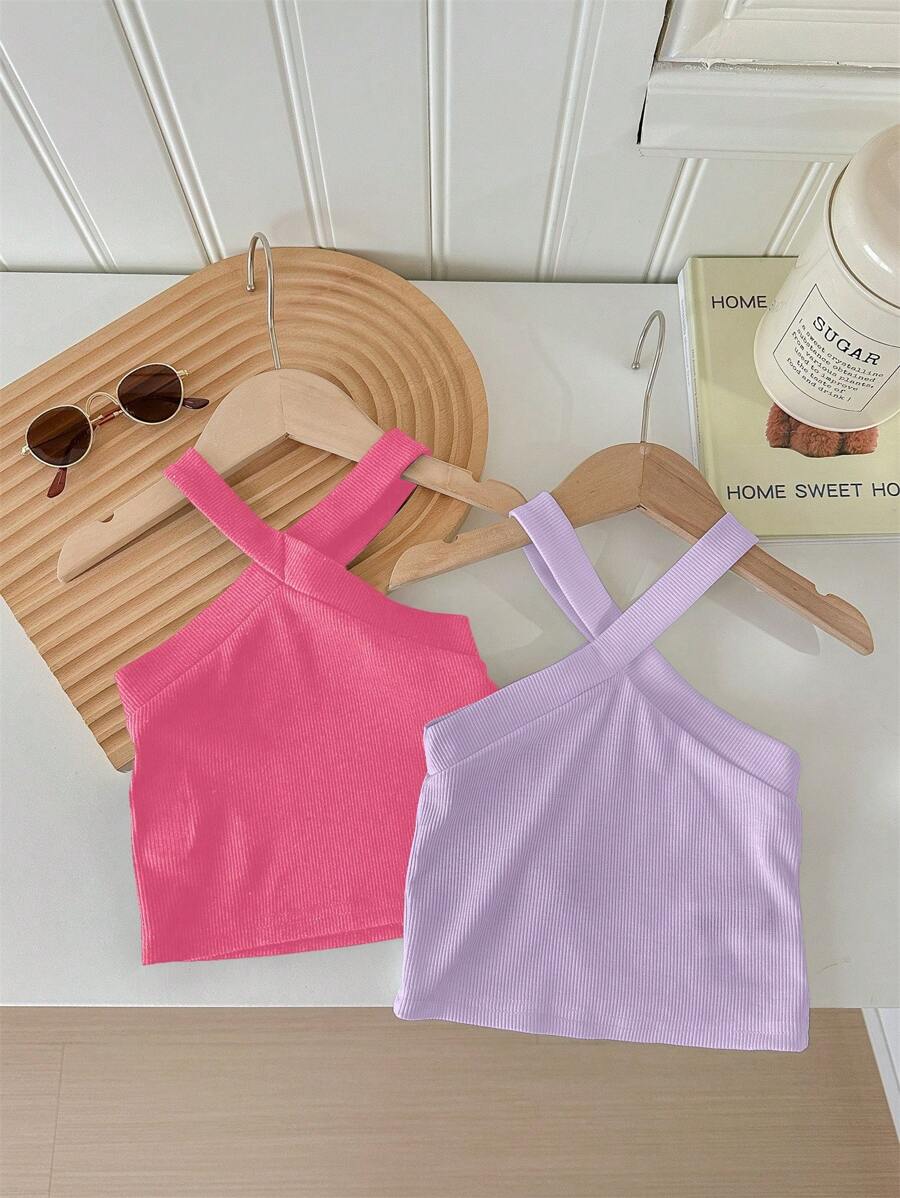 SHEIN 2pcs/Pack Young Girl Cold-Shoulder Ribbed Form-Fitting Camisole, Multi-Pack Basic Tank Tops - Mauve Purple - View 1