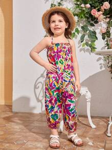 SHEIN Mono informal de pierna ancha con estampado floral para niña, estilo de vacaciones