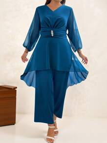 SHEIN Clasi Bộ 2 món cỡ lớn, trang trí đá giả màu trơn tay áo đèn lồng cao thấp & quần ống rộng cho nữ cỡ lớn, váy trang trọng cho nữ - Màu xanh hải quân - Xem 5