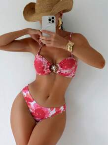 Bonvoyette Conjunto de traje de baño elegante de 3 piezas con estampado degradado de girasol rojo: top, Bottom y vestido de playa, para verano y playa