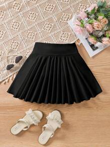 SHEIN 青少年女孩高腰纯色弹力运动裙裤，带侧袋，防闪烁，适合夏季户外活动，可作为礼物 - 黑色 - 查看 3