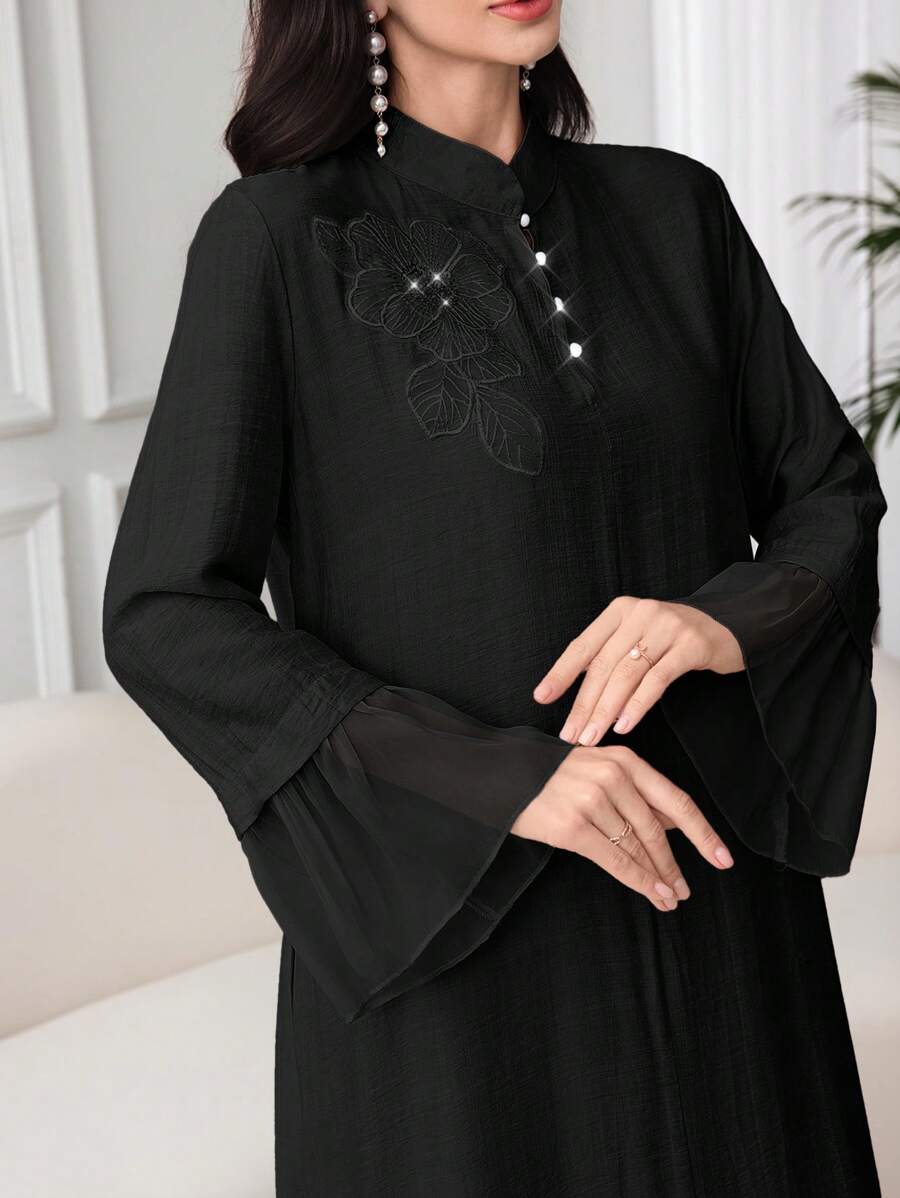 Al Najma Arab Style Women's Loose Fit Long Sleeve Dress With Applique, Stand Collar, And Mesh Patchwork Fall Cloth For Women - Black - View 1