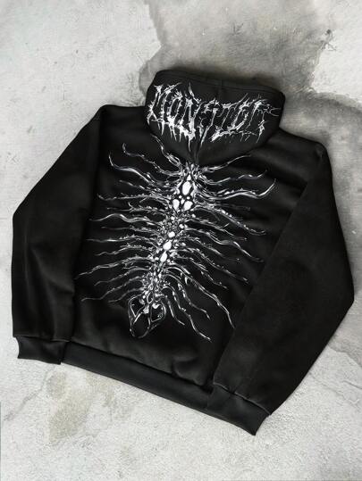 PAVTROS Manfinity Streetrush 男士暗黑街头风 INS 高街黑色拉链保暖连帽衫，采用酸性金属质感面料和超大蜈蚣图案印花。连帽衫的帽子上印有哥特式怪兽字母图案。宽松的版型体现了街头摇滚美学，适合音乐节、送给男友或丈夫的礼物，以及街头服饰和 Y2K 风格。