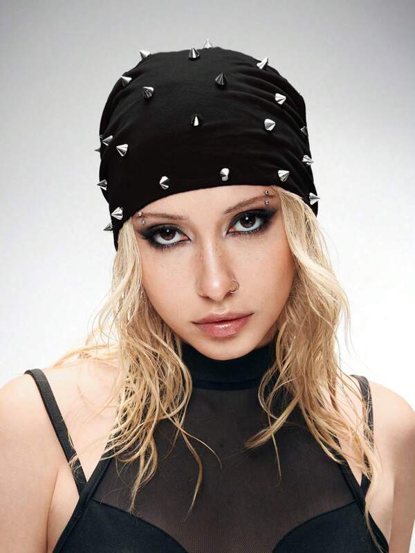 ROMWE Grunge Punk 1pc Punk Style Lightweight Rivet Decorated Beanie, High-Quality Y2K Vintage Solid Black Warm Fold-Over Hat, Fashionable Daily All-Season Wear