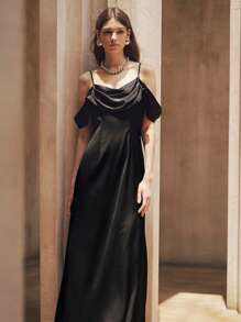 Chiquease 露肩褶皱领口收腰美人鱼下摆优雅鸡尾酒礼服，适合海滩和休闲场合