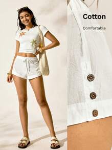 Easelle Solid Color Boho Vacation Button Accent Drawstring Casual Cotton Comfy Summer Shorts, Versatile Graduation,High Waisted Shorts - White - View 11
