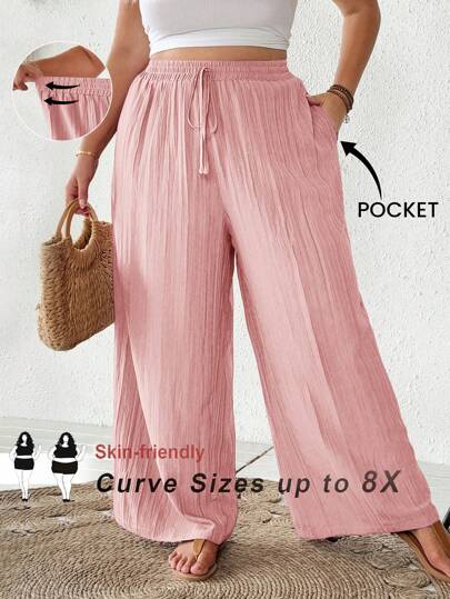 SHEIN CURVE+ Women Plus Size New Casual Beach, Fashion Commuter Elegant Lotus Root Purple Wide Leg Pants With Pockets, Suitable For Summer Beach Holiday Summer/Country/Beach Vacation/Beach/Beach Wear,Old Money Style Women,Business Casual