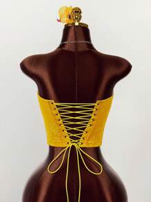 Amplova Áo Bandeau họa tiết hoa Jacquard viền bất đối xứng dành cho nữ, thời trang - Màu vàng - Xem 12